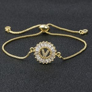 Initial V micro pave cubic zircon 18k gold plated letter charm bracelet